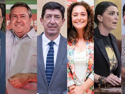 Los candidatos a la Junta de Andalucía: Juan Manuel Moreno (PP), Juan Espadas (PSOE), Juan Marín (Ciudadanos), Inmaculada Nieto (Por Andalucía), Macarena Olona (Vox) y Teresa Rodríguez (Adelante Andalucía).