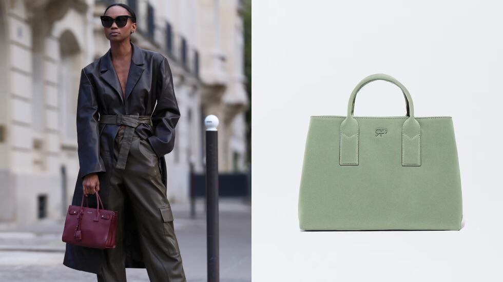 A la izquierda Emilie Joseph en las calles de París con un bolso granate y, a la derecha, detalle de esta propuesta de Parfois en tonos verdes. GETTY IMAGES /EL CORTE INGLÉS.