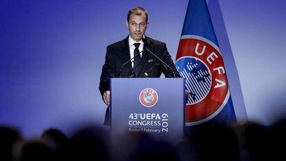 Alexander Ceferin, durante el congreso de la UEFA en el que fue reelegido presidente del fútbol europeo.