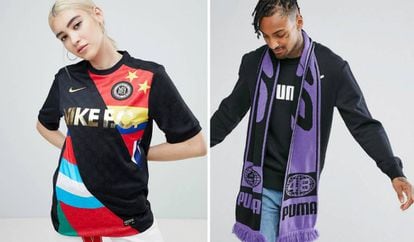 A la izquierda de la imagen, una mujer viste una camiseta fútbol multicolor de Nike y, a la derecha, un hombre lleva una bufanda estilo retro de Puma.