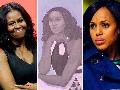 A la izquierda, Michelle Obama. Centro, detalle del retrato de Amy Sherald. A la derecha, Kerry Washington caracterizada como Olivia Pope.