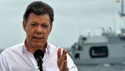 Elpresidente de Colombia, Juan Manuel Santos en la fragata ARC Almirante Padilla. 