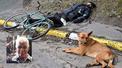El cuerpo de Volodímir Brovchenkon, junto a su bicicleta y un perro, se ha convertido en una de las imágenes que representan el horror de la calle Yablonska. La fotografía fue tomada el 3 de abril. Según testigos, fue asesinado a tiros alrededor del 5 de marzo durante la ocupación rusa de la ciudad, cuando se dirigía a otro municipio en bicicleta. 