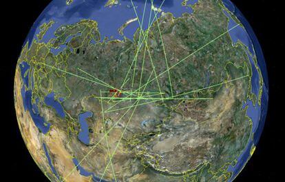 Gr&aacute;fico de las estaciones de la red de sensores de infrasonidos del CTBTO que registraron es estallido del asteroide sobre los Urales el 15 de febrero de 2013.