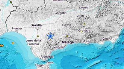 Mapa del epicentro del terremoto en la provincia de Sevilla cerca de las de Málaga y Cádiz.