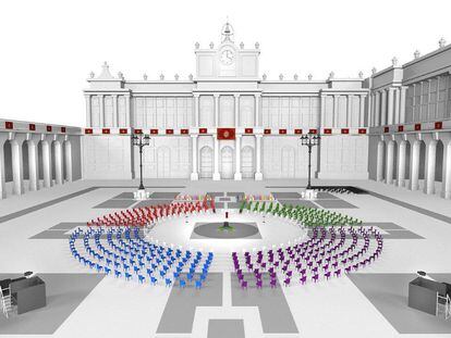 Representación virtual del acto de este jueves en la Plaza de la Armería del Palacio Real de Madrid.