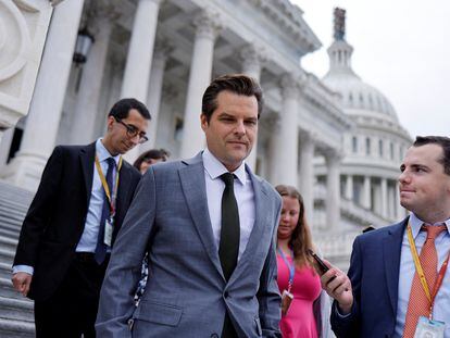 U.S. Representative Matt Gaetz (R-FL) speaks with reporters as he departs after a series of failed votes on spending packages at the U.S. Capitol ahead of a looming government shutdown in Washington, U.S. September 29, 2023.  REUTERS/Jonathan Ernst