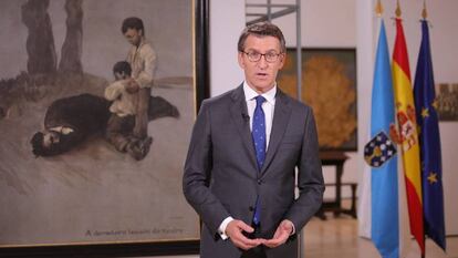 Alberto Núñez Feijóo, durante su discurso. En el vídeo, los presidentes autonómicos lanzan sus mensajes navideños.