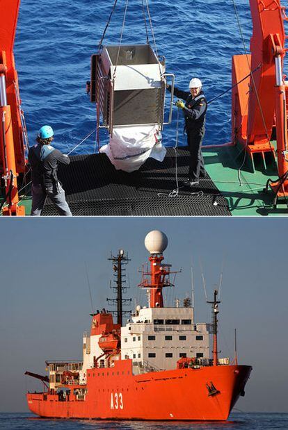 Sonda con muestras tomadas a 4.000 metros de profundidad (arriba) y el buque <i>Hespérides</i> (abajo).