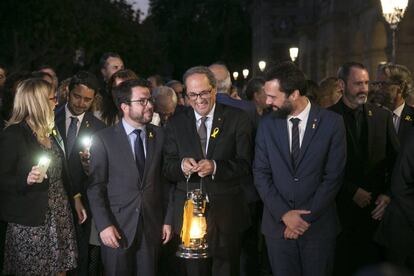 Quim Torra, en el centro, junto a Roger Torrent (derecha), Pere Aragonés y Elsa Artadi , en 2018. Todos fueron espiados.