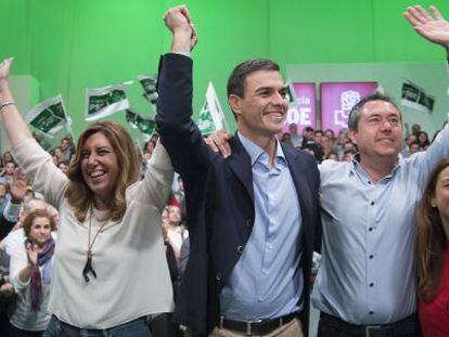 D&iacute;az, S&aacute;nchez y el candidato del PSOE en Sevilla, Juan Espadas.