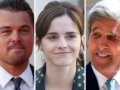 Leonardo DiCaprio, Emma Watson y John Kerry.