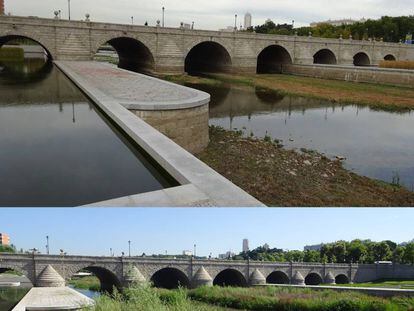 El puente de Segovia, antes y después del proceso de renaturalización del río Manzanares.