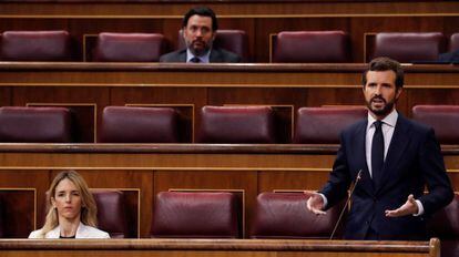 El líder del PP, Pablo Casado durante una intervención en el Congreso.