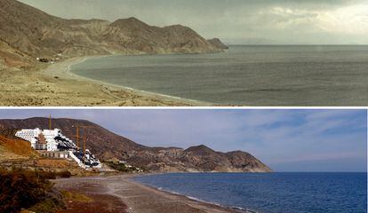 Arriba, el paraje de El Algarrobico de Carboneras (Almería) antes de que empezara a construirse el hotel en 2003. Abajo, esa misma playa la semana pasada.