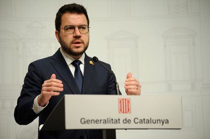 El presidente de la Generalitat, Pere Aragonès, en un momento de su intervención el pasado jueves en el Palau de la Generalitat. / ALBERTO PAREDES (EUROPA PRESS)