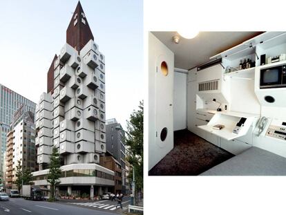 Las 140 cápsulas de la 'La torre cápsula' de Nakagin se apilan, orientadas en diferentes ángulos, alrededor de un núcleo central de hormigón de 14 pisos de altura. Cada una mide 4 x 2,5 metros. Su interior cuenta con una ventana circular, una cama y un baño empotrados con todo lo necesario para vivir. |