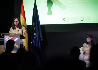 La ministra de Derechos Sociales y la Agenda 2030, Ione Belarra, este miércoles en un acto en Madrid.