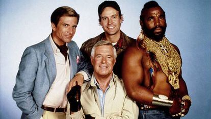 Los protagonistas de la serie 'El Equipo A': Dirk Benedict, George Peppard, Dwight Schultz, y Mr. T., de izquierda a derecha.