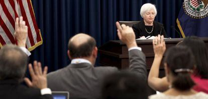 Janet Yellen, presidenta de la Fed durante la rueda de prensa ayer.