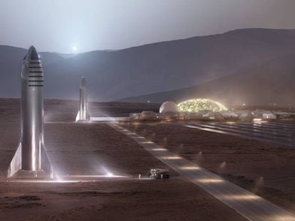 Diseño de la nave interplanetaria de SpaceX, de Elon Musk, en Marte.