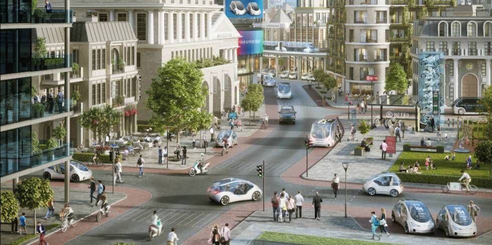 Recreación de una ciudad inteligente con vehículos conectados y compartidos.