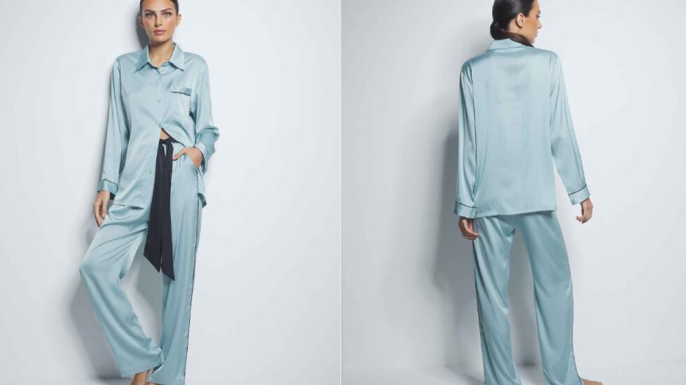 Detalla de este pijama para mujer con ribetes y cinturón en contraste. SELMARK.