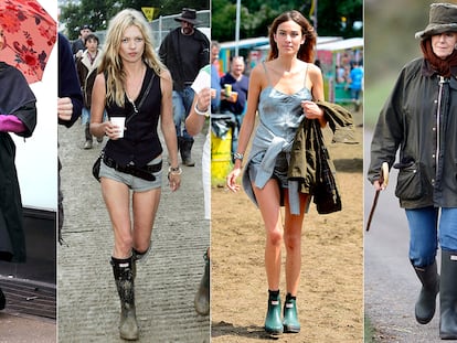 De izquierda a derecha: Sarah Jessica Parker, Kate Moss, Alexa Chung y la reina Camila, todas llevando botas Hunter.