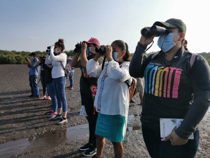 Un grupo de mujeres de Sipacate, Guatemala, durante la formación para identificar y monitorear aves migratorias en el Pacífico.