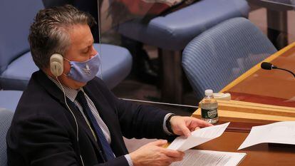 El embajador de Ucrania ante la ONU, Sergii Kislitsia, este lunes en la reunión del Consejo de Seguridad en Nueva York.