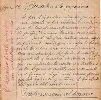 Bacalao á la vizcaína (con anotación al margen) de Recetas de cocina, de tocador y otras tan útiles como curiosas, de Josefa Hernández (abuela) y Mariluz García Hernández (madre) - 1935