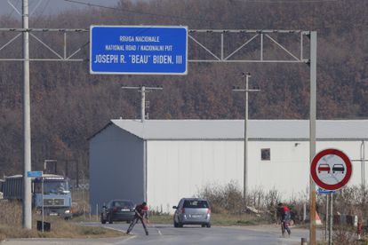 Road named after Joseph R. 'Beau' Biden III, near Camp Bondsteel military base, in the Kosovar town of Sojevo, in November 2020. 