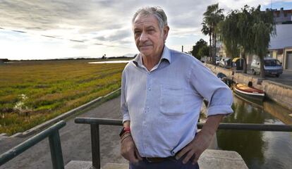 Josep Cavaller, presidente de la Comunidad de Pescadores de El Palmar, con los arrozales secos a su espalda. 