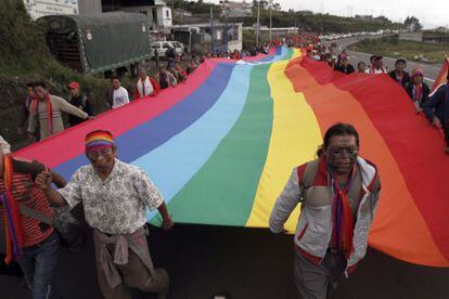 Ind&iacute;genas ecuatorianos enarbolan la bandera de su comunidad en su marcha a Quito.