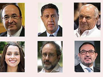 Los candidatos Miquel Iceta (PSC), Xavier Garc&iacute;a Albiol (PP) y Llu&iacute;s Rabell (Catalunya S&iacute; que es Pot) arriba, de izquierda a derecha. Abajo, In&eacute;s Arrimadas (Ciutadans), Antonio Ba&ntilde;os (CUP) y Ramon Espadaler (Uni&oacute;).