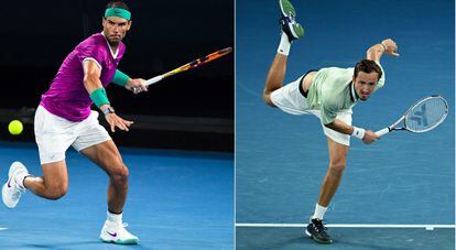 Nadal y Medvedev, el viernes durante sus respectivos partidos de semifinales. / WILLIAM WEST Y DEAN LEWIS (AFP / EFE)