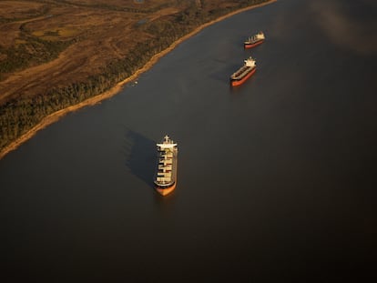 Buques que transportan las cosechas para la exportación, sobre el río Paraná.