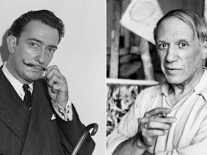 Dalí, retratado en 1949 y Picasso, en su estudio en París, en una foto sin datar.