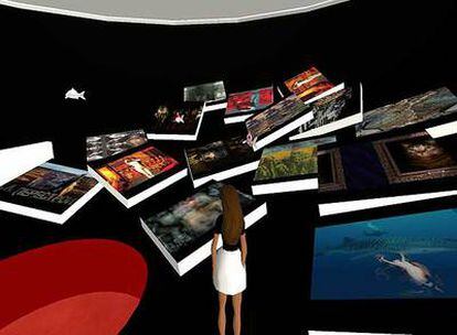 Vista de una de las salas que presentan la obra de Chris Marker en Second Life.