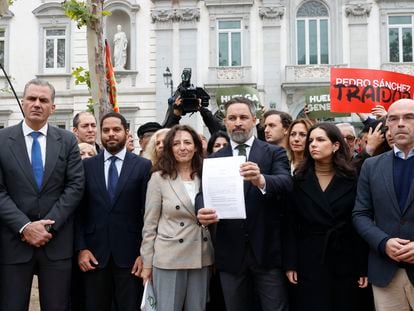 En primera fila, de izquierda a derecha: Francisco Javier Ortega Smith, Ignacio Garriga, Carina Mejías, Santiago Abascal, Pepa Millán y el eurodiputado Jorge Buxadé, esta mañana, antes de presentar una querella contra Pedro Sánchez en el Tribunal Supremo.