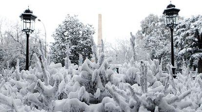 La capital español ha amanecido cubierta de nieve tras el temporal. Esta mañana, los árboles y los jardines de la Plaza de la Lealtad presentaban este aspecto.