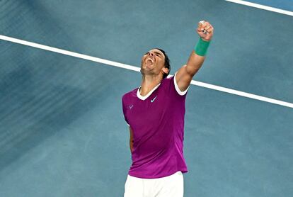 Tennis - Australian Open - Melbourne Park, Melbourne, Australia - January 28, 2022 Spain's Rafael Nadal celebrates winning his semi final match against Italy's Matteo Berrettini REUTERS/Morgan Sette