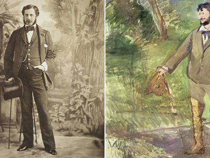 A la izquierda, 'Retrato de un dandy', de Aguado (1854), y 'Retrato de Emile-Auguste Carolus-Duran' (1876), de Manet.