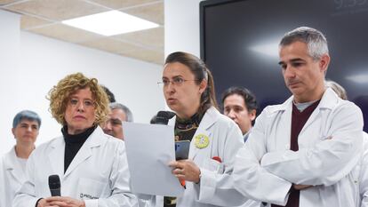 Ángela Hernández, durante una rueda de prensa de los médicos de Atención Primaria, en la sede del sindicato Amyts.