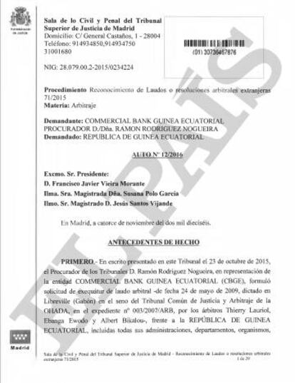 Auto del TSJM que reconoce en España el laudo arbitral africano.