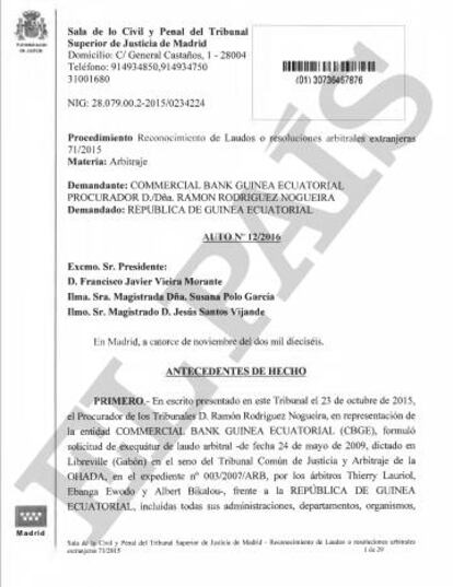 Auto del TSJM que reconoce en España el laudo arbitral africano.