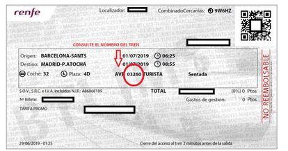 En el billete puede consultar el número de su tren para saber si está incluido entre los servicios mínimos. En la imagen, aparece dentro de un círculo rojo