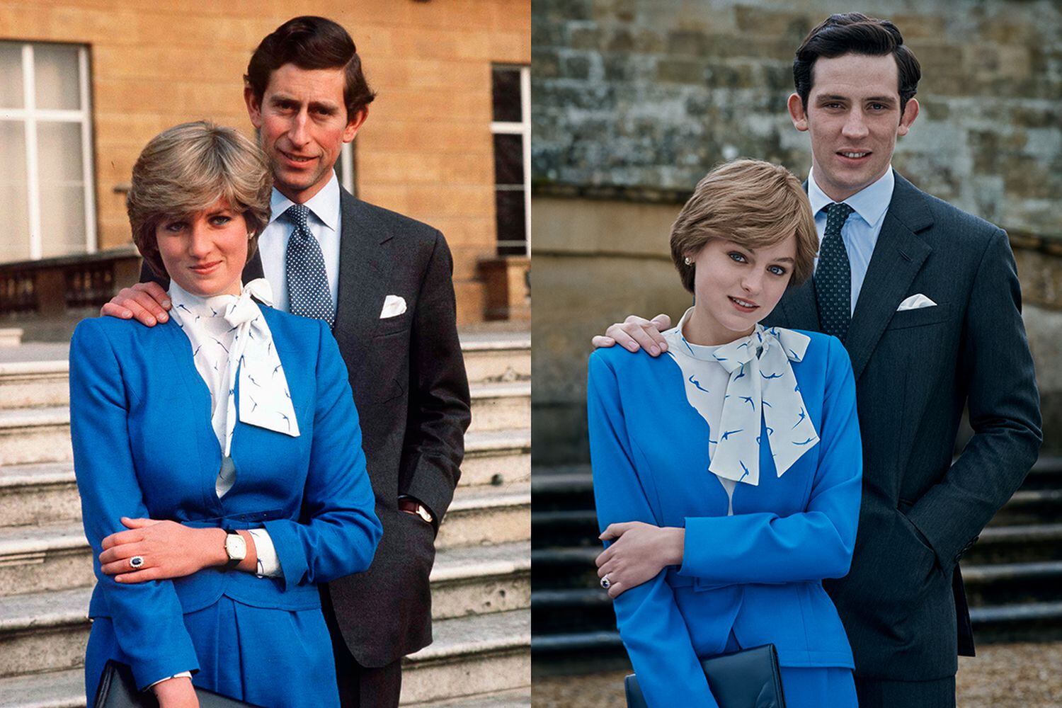 A la izquierda, el príncipe Carlos y Diana Spencer. A la derecha, los actores que los interpretan en la serie 'The Crown'.