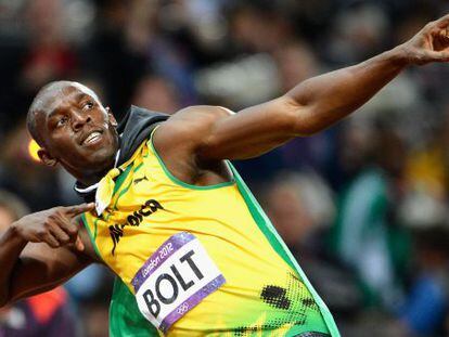 Usain Bolt celebra su victoria en Londres.