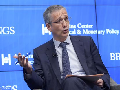 El gobernador del Banco de España, Pablo Hernández de Cos, durante un evento organizado por la Brookings Institution, este lunes en Washington.